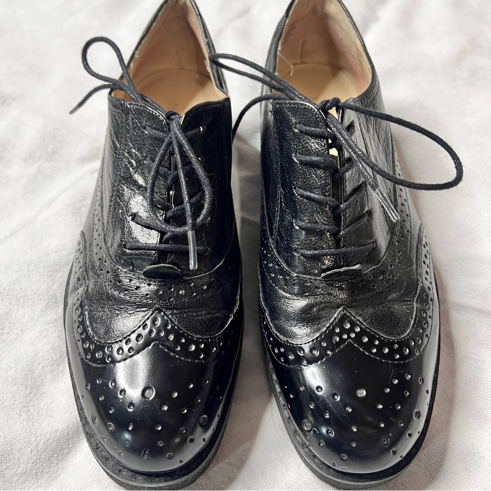 Women’s Nine West Black Leather Wingtip Lace-Up Oxfords